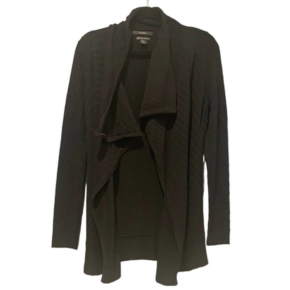 Tahari Womens Merino Wool Cardigan Size L Black 100% Extrafine Open Tunic Collar - Picture 1 of 8